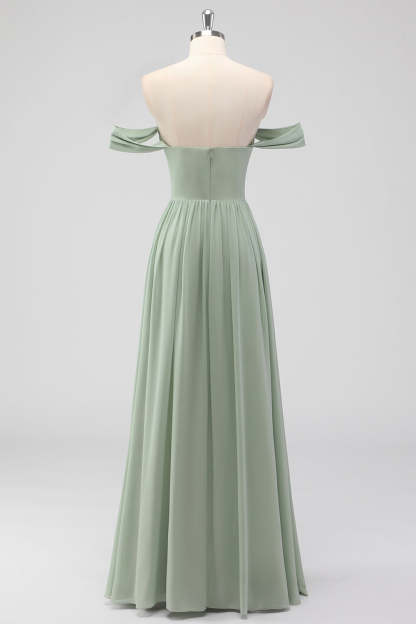 A Line Sage Green Off the Shoulder Pleated Bridesmaid Dress with Slit
