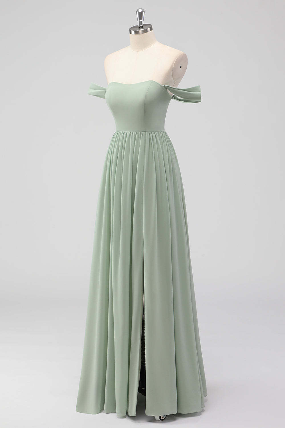 A Line Sage Green Off the Shoulder Pleated Bridesmaid Dress with Slit