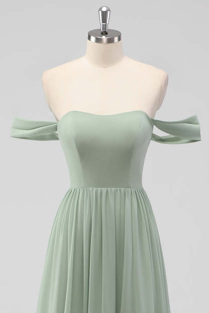 A Line Sage Green Off the Shoulder Pleated Bridesmaid Dress with Slit