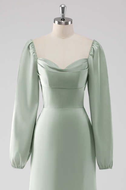 Sage Green Long Sleeves A Line Long Bridesmaid Dress