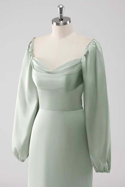 Sage Green Long Sleeves A Line Long Bridesmaid Dress
