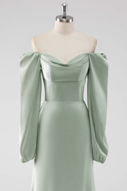 Sage Green Long Sleeves A Line Long Bridesmaid Dress