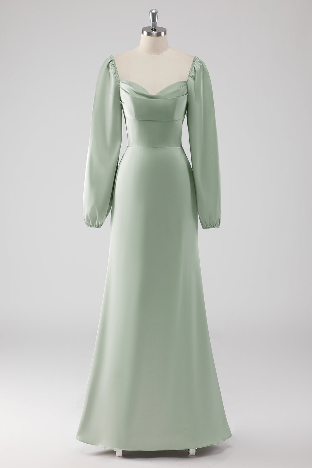 Leely Women Sage Green A Line Long Bridesmaid Dress Long Sleeves Satin Wedding Guest Dress