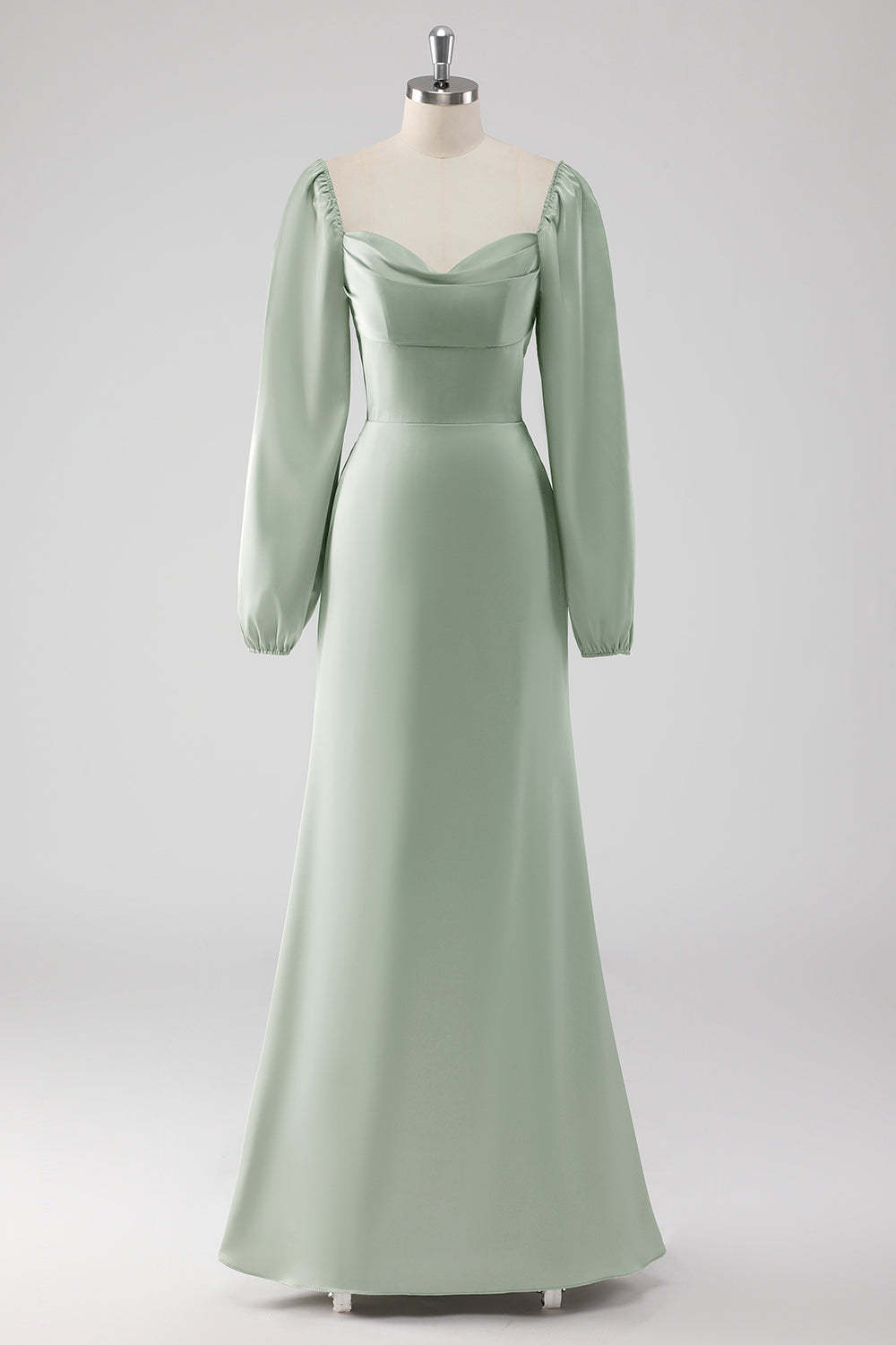 Leely Women Sage Green A Line Long Bridesmaid Dress Long Sleeves Satin Wedding Guest Dress