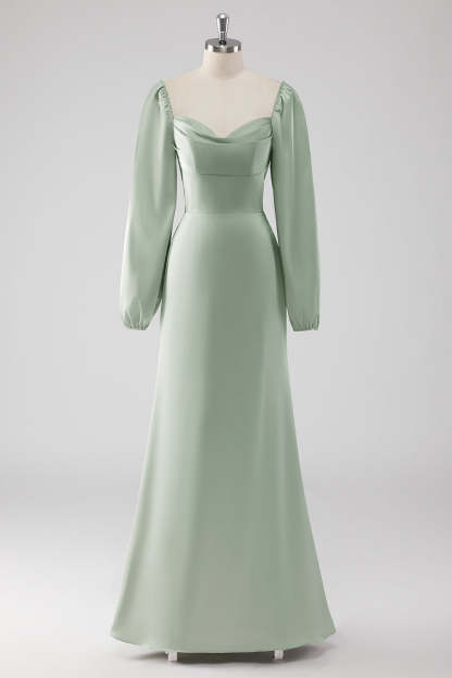 Leely Women Sage Green A Line Long Bridesmaid Dress Long Sleeves Satin Wedding Guest Dress