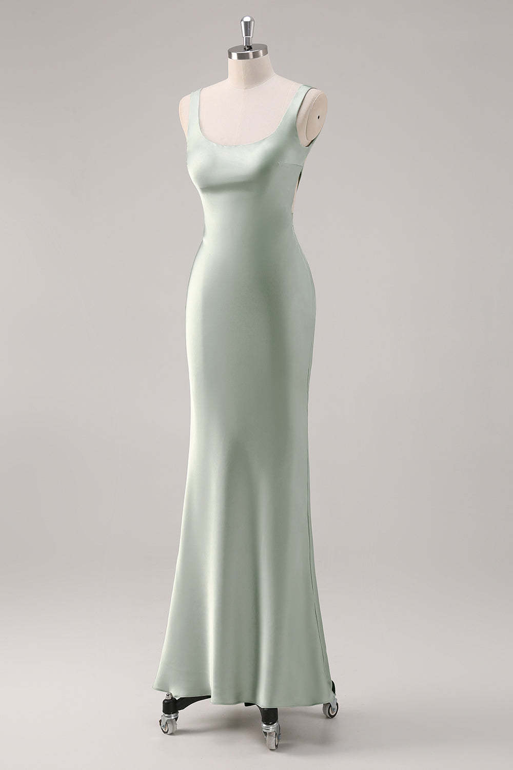 Sage Green Satin Scoop Neck Mermaid Maxi Bridesmaid Dress