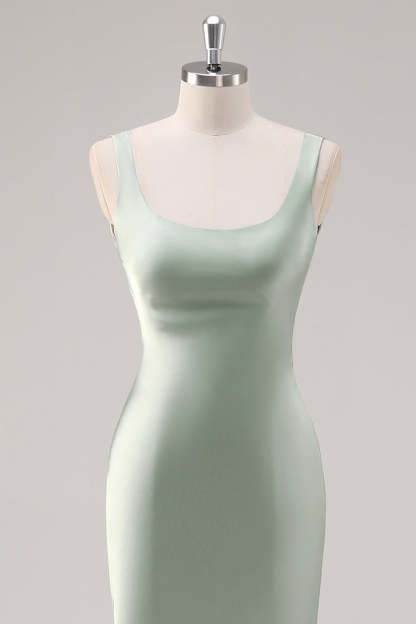 Sage Green Satin Scoop Neck Mermaid Maxi Bridesmaid Dress