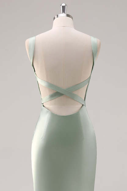 Sage Green Satin Scoop Neck Mermaid Maxi Bridesmaid Dress