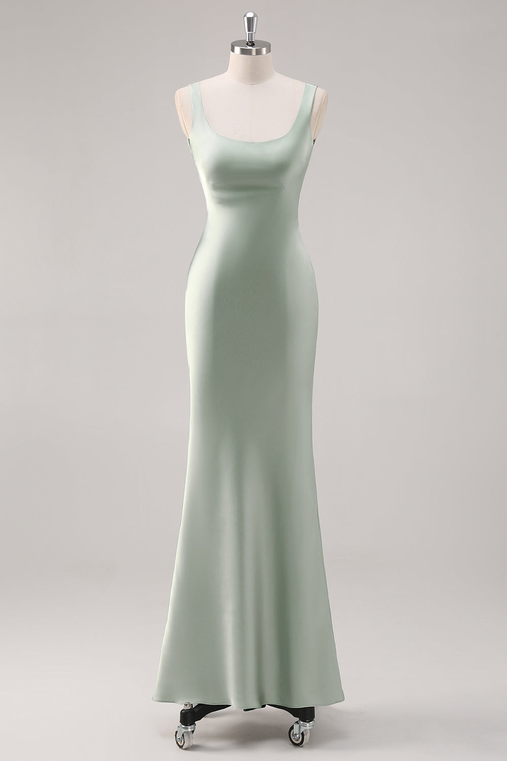 Sage Green Satin Scoop Neck Mermaid Maxi Bridesmaid Dress