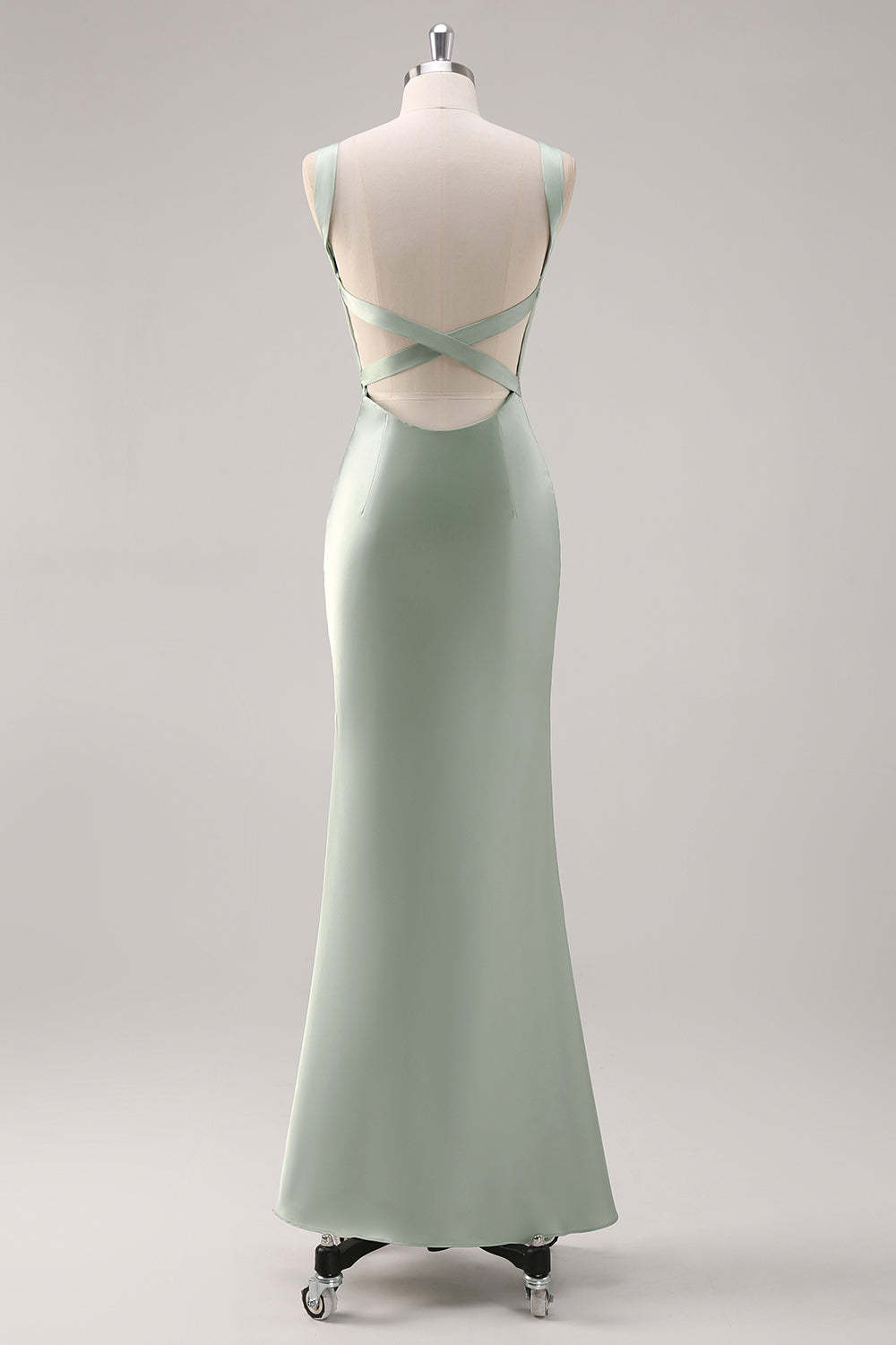 Sage Green Satin Scoop Neck Mermaid Maxi Bridesmaid Dress