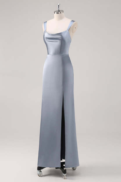 Sheath Grey Blue Satin Bridesmaid Dress with Slit