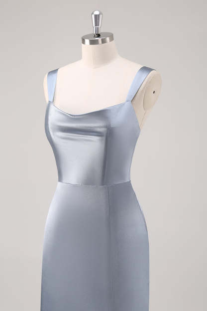 Sheath Grey Blue Satin Bridesmaid Dress with Slit