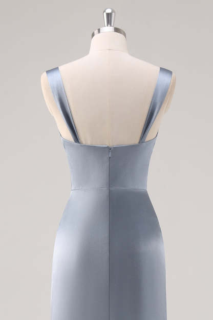 Sheath Grey Blue Satin Bridesmaid Dress with Slit