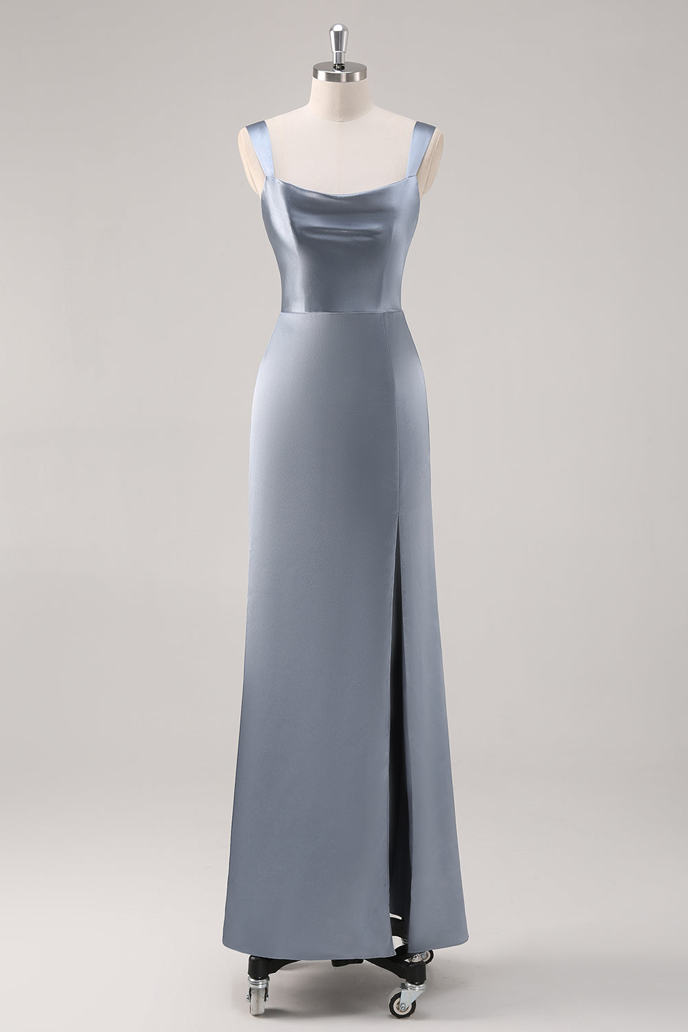 Sheath Grey Blue Satin Bridesmaid Dress with Slit