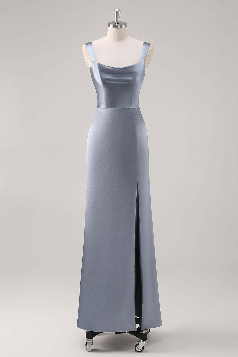 Leely Women Sheath Grey Blue Satin Bridesmaid Dress with Slit Floor Length Wedding Party Dress