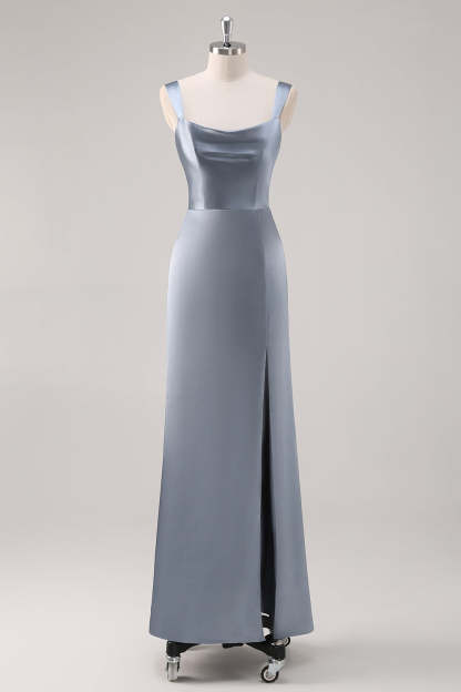 Leely Women Sheath Grey Blue Satin Bridesmaid Dress with Slit Floor Length Wedding Party Dress