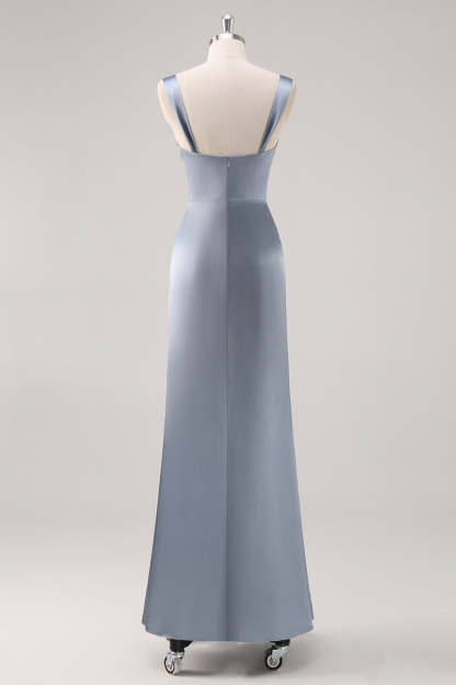 Sheath Grey Blue Satin Bridesmaid Dress with Slit