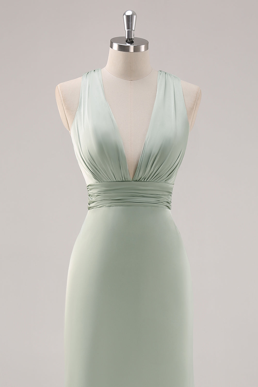 Sage Green Satin Deep V-Neck Backless Long Bridesmaid Dress