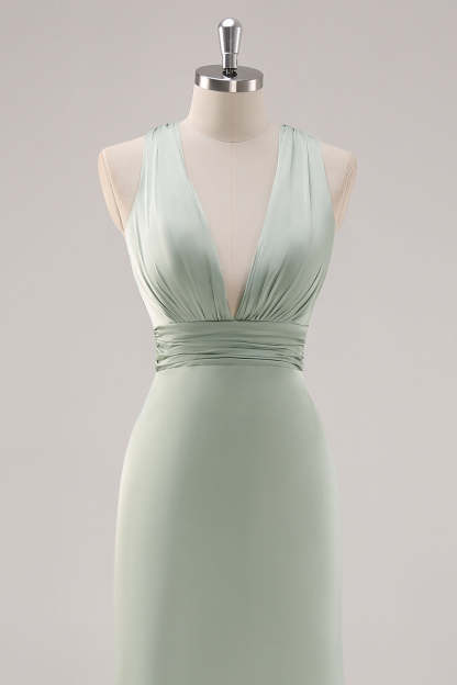 Sage Green Satin Deep V-Neck Backless Long Bridesmaid Dress