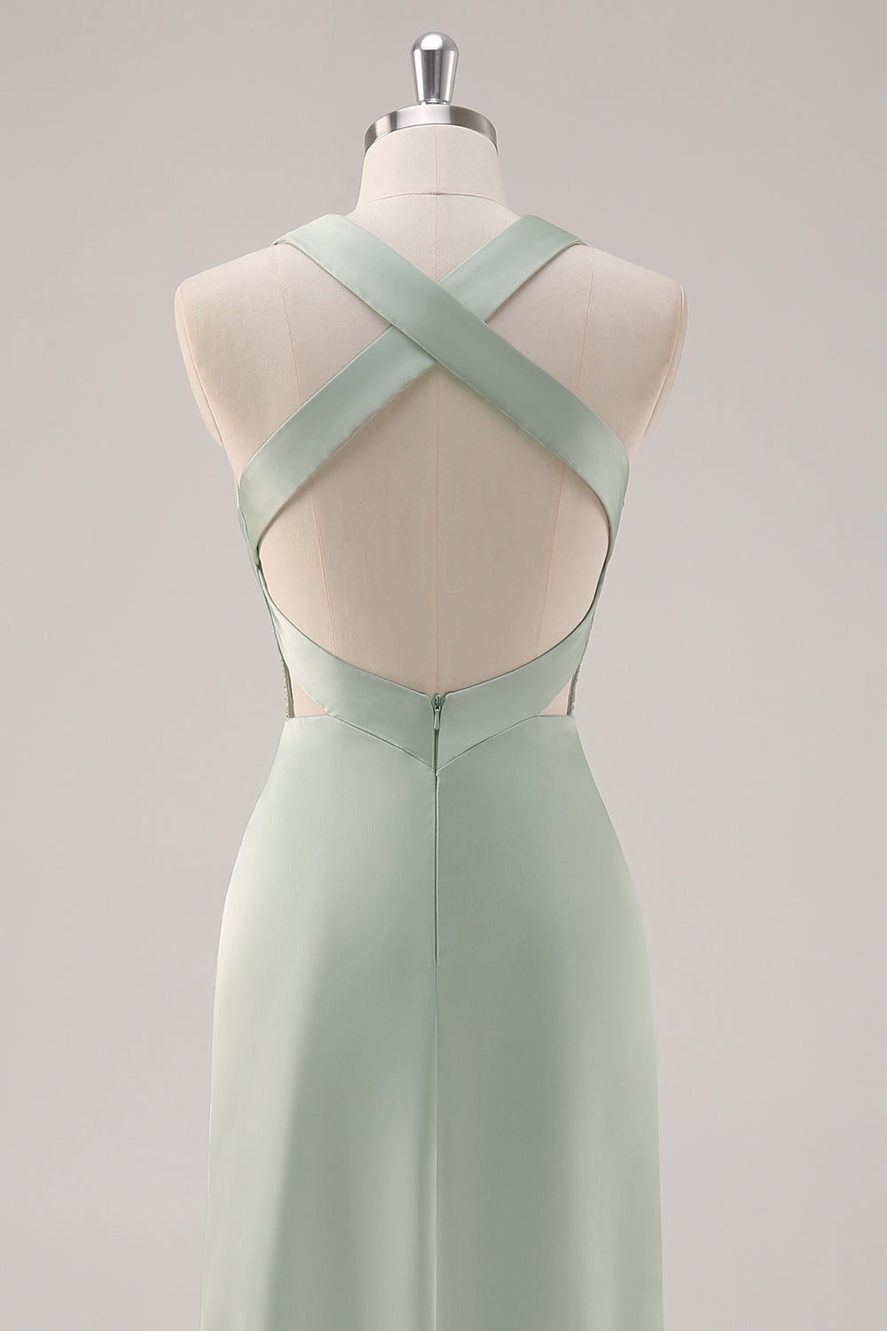 Sage Green Satin Deep V-Neck Backless Long Bridesmaid Dress