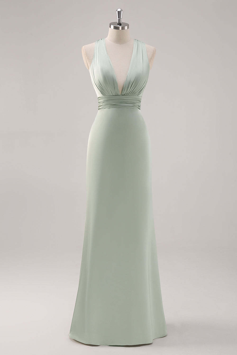 Leely Women Sage Green Bridesmaid Dress Long Ruched Satin Deep V-Neck Wedding Party Dress