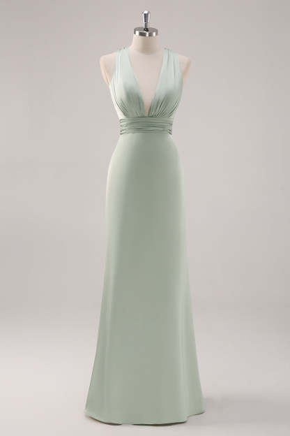 Leely Women Sage Green Bridesmaid Dress Long Ruched Satin Deep V-Neck Wedding Party Dress