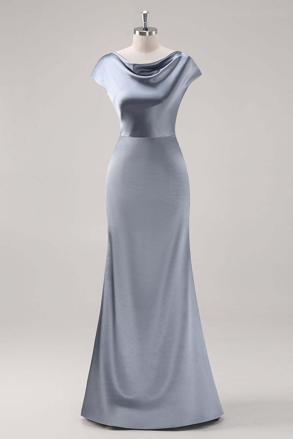 Leely Women Grey Blue Satin Cowl Collar Bridesmaid Dress with Cape Sleeves Wedding Party Dress