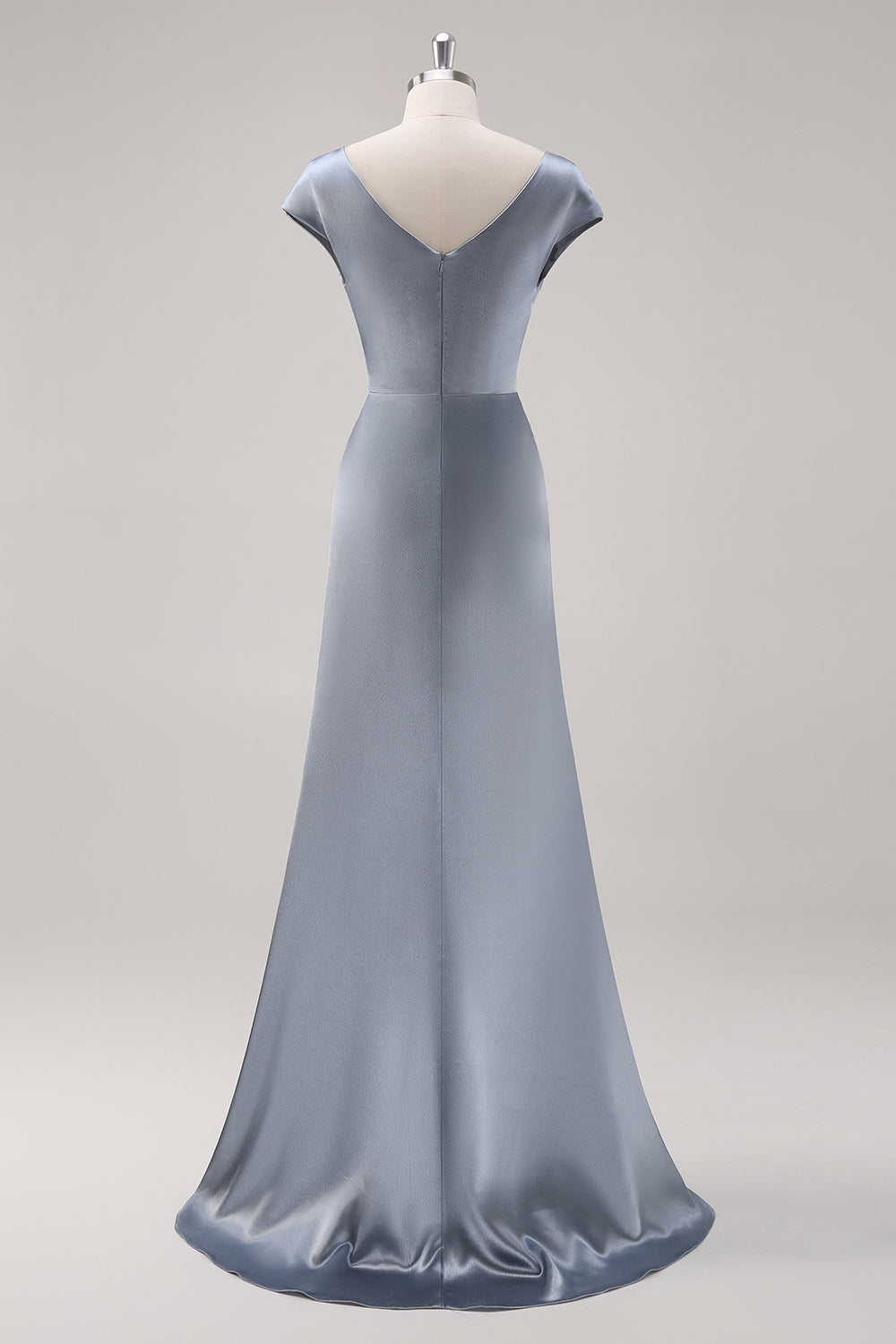 Grey Blue Satin Cowl Collar Maxi Bridesmaid Dress