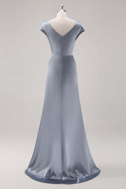 Grey Blue Satin Cowl Collar Maxi Bridesmaid Dress