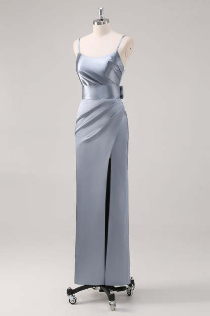 Ruched Grey Blue Spaghetti Straps Sheath Bridesmaid Dress with Slit