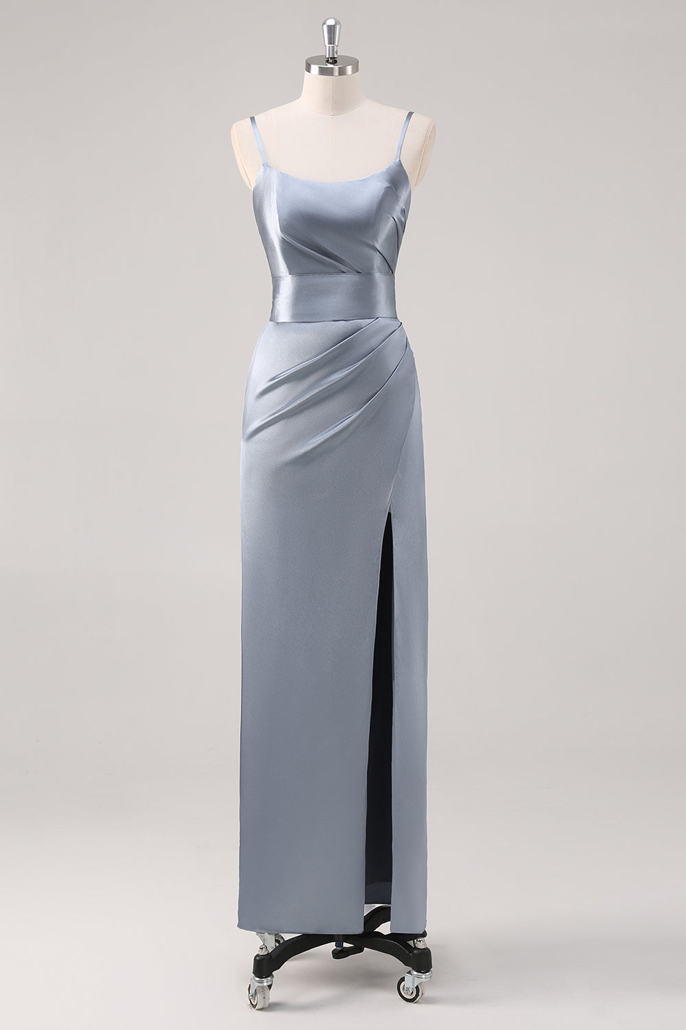 Leely Women Ruched Grey Blue Bridesmaid Dress with Slit Spaghetti Straps Sheath Floor Length Wedding Party Dress
