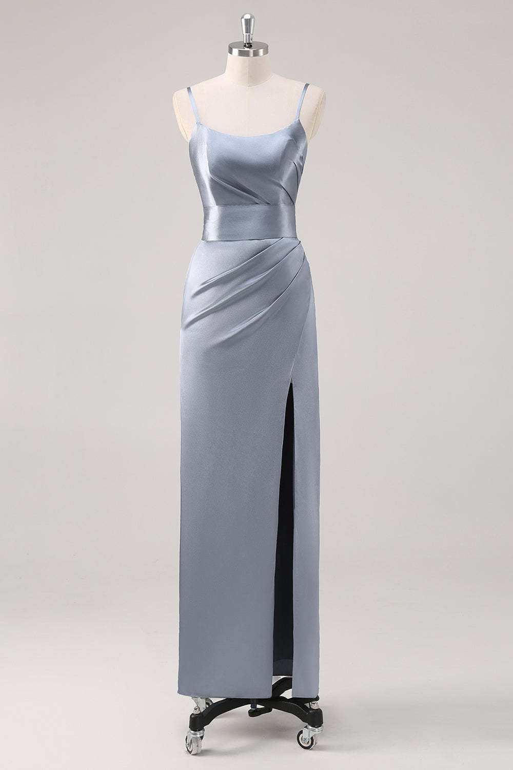 Leely Women Ruched Grey Blue Bridesmaid Dress with Slit Spaghetti Straps Sheath Floor Length Wedding Party Dress