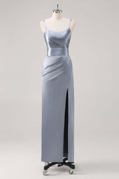 Leely Women Ruched Grey Blue Bridesmaid Dress with Slit Spaghetti Straps Sheath Floor Length Wedding Party Dress