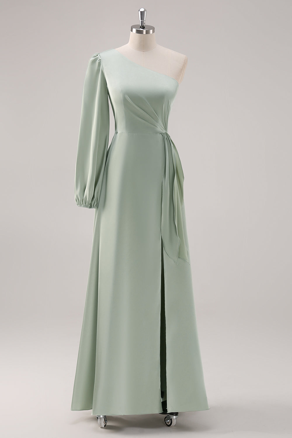 Leely Women Sage Green A Line One Shoulder Bridesmaid Dress with Slit Satin Wedding Guest Dress with Long Sleeves