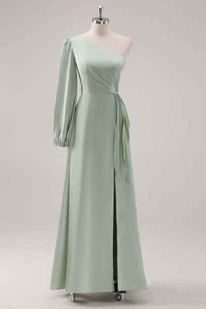 Leely Women Sage Green A Line One Shoulder Bridesmaid Dress with Slit Satin Wedding Guest Dress with Long Sleeves
