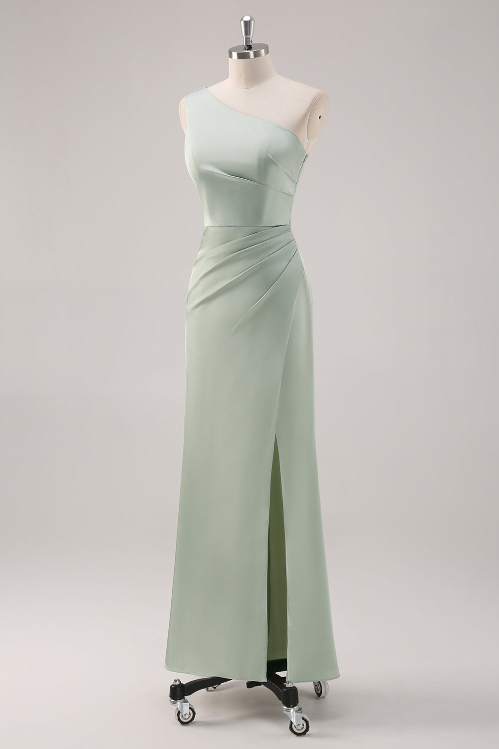 Satin Sage Green One Shoulder Bridesmaid Dress with Slit