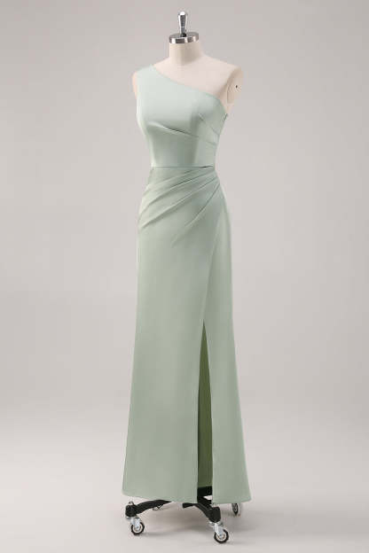 Satin Sage Green One Shoulder Bridesmaid Dress with Slit