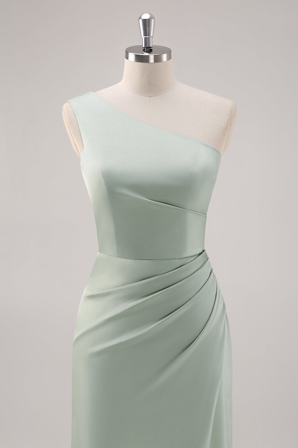 Satin Sage Green One Shoulder Bridesmaid Dress with Slit
