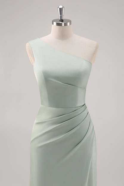 Satin Sage Green One Shoulder Bridesmaid Dress with Slit
