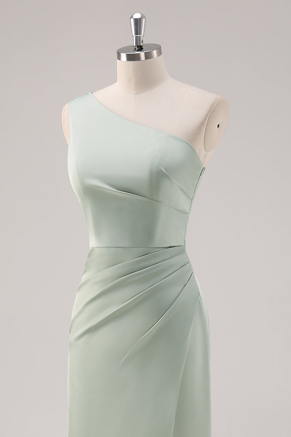 Satin Sage Green One Shoulder Bridesmaid Dress with Slit