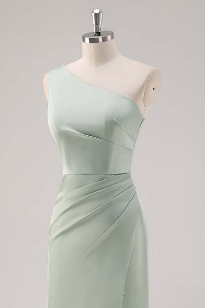 Satin Sage Green One Shoulder Bridesmaid Dress with Slit