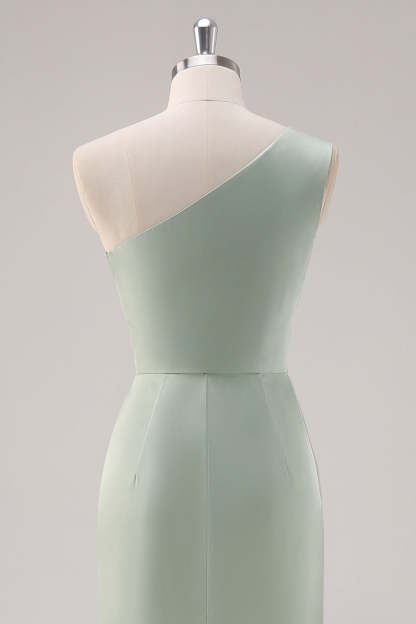 Satin Sage Green One Shoulder Bridesmaid Dress with Slit