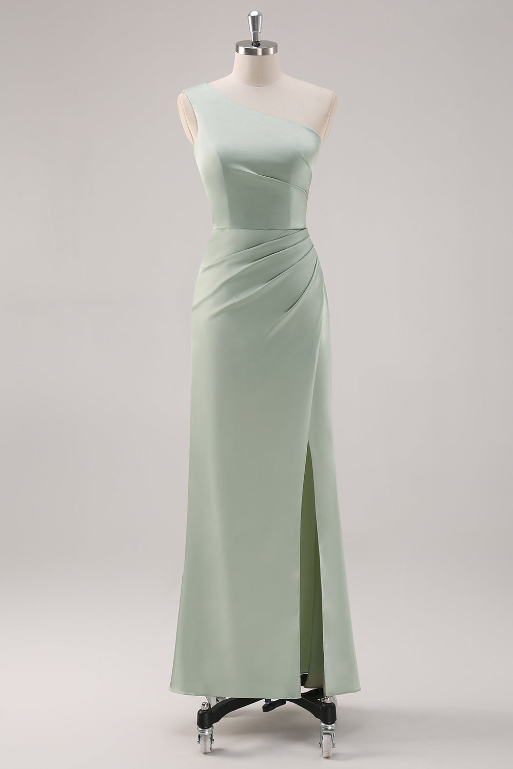 Leely Women Satin Sage Green One Shoulder Bridesmaid Dress with Slit Long Wedding Guest Dress