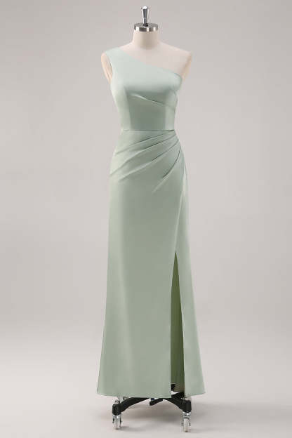 Leely Women Satin Sage Green One Shoulder Bridesmaid Dress with Slit Long Wedding Guest Dress
