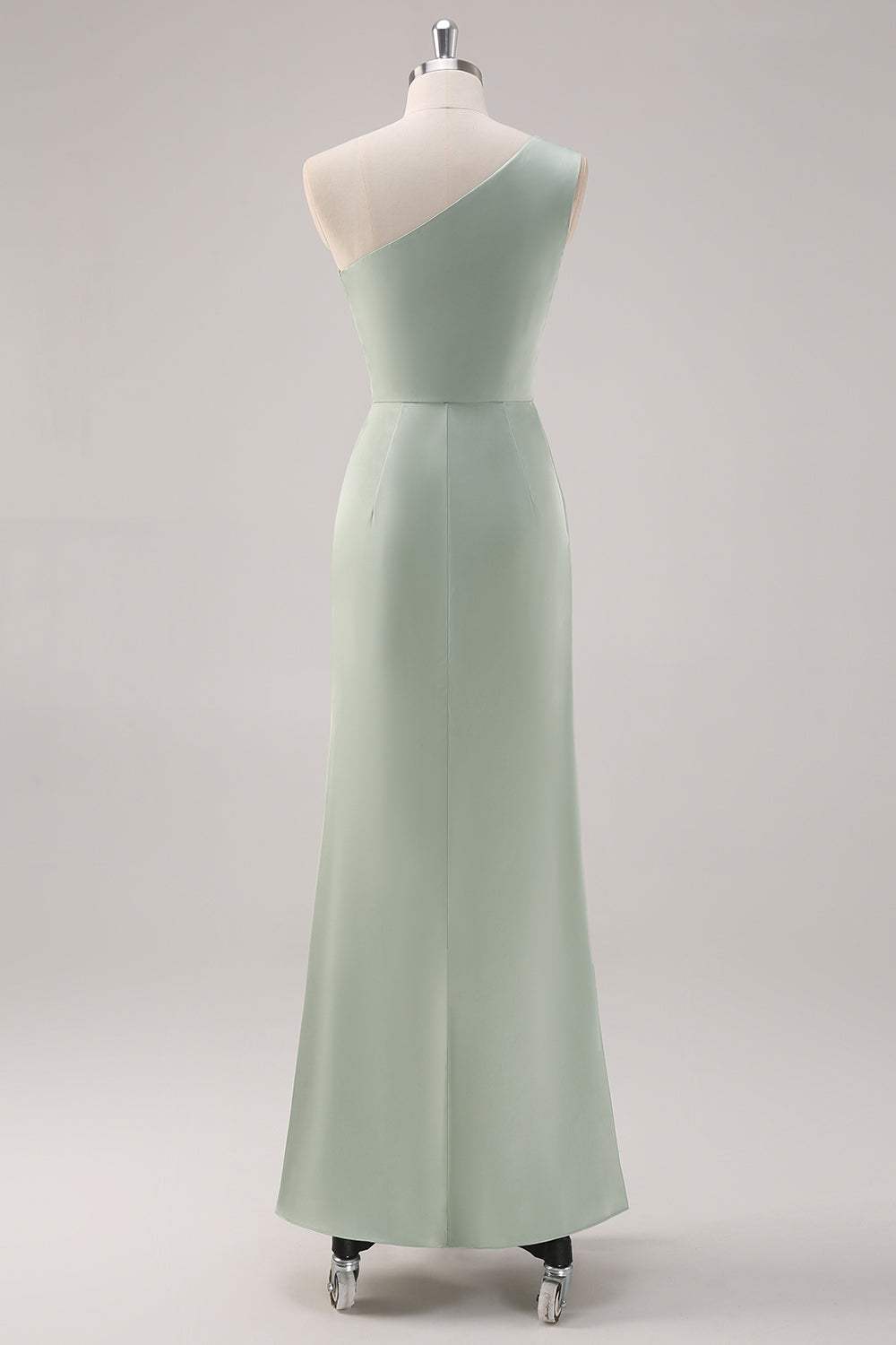 Satin Sage Green One Shoulder Bridesmaid Dress with Slit