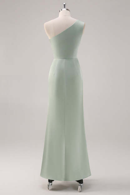 Satin Sage Green One Shoulder Bridesmaid Dress with Slit