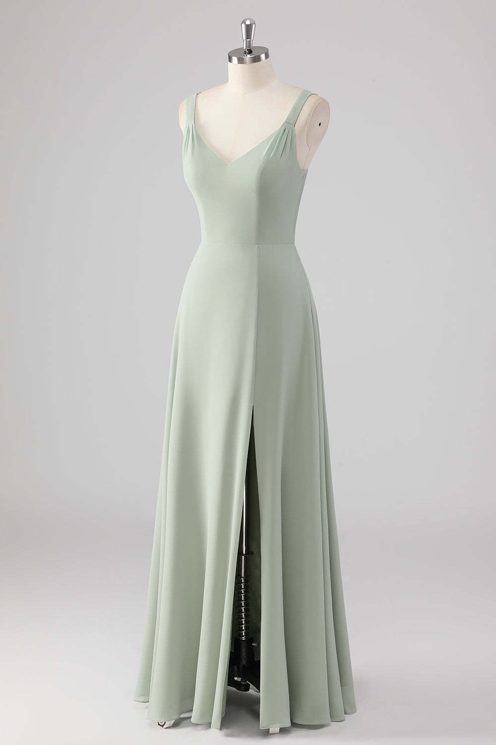 Chiffon V-Neck Sage Green A Line Bridesmaid Dress with Slit