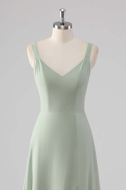 Chiffon V-Neck Sage Green A Line Bridesmaid Dress with Slit