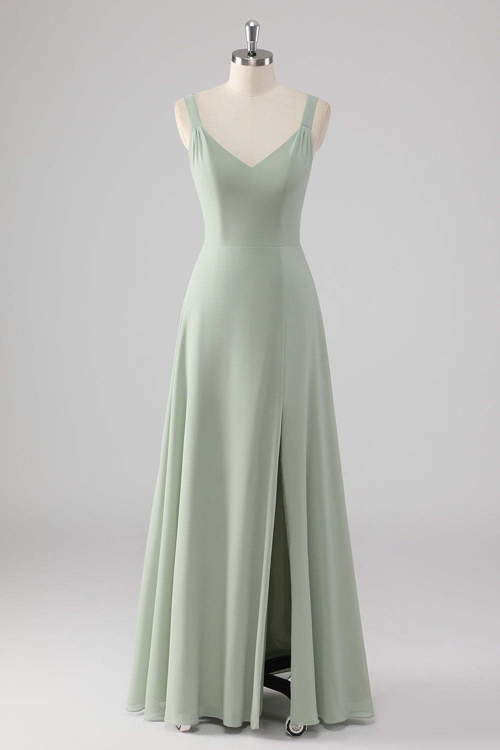 Leely Women Chiffon Bridesmaid Dress with Slit V-Neck Sage Green A Line Wedding Guest Dress