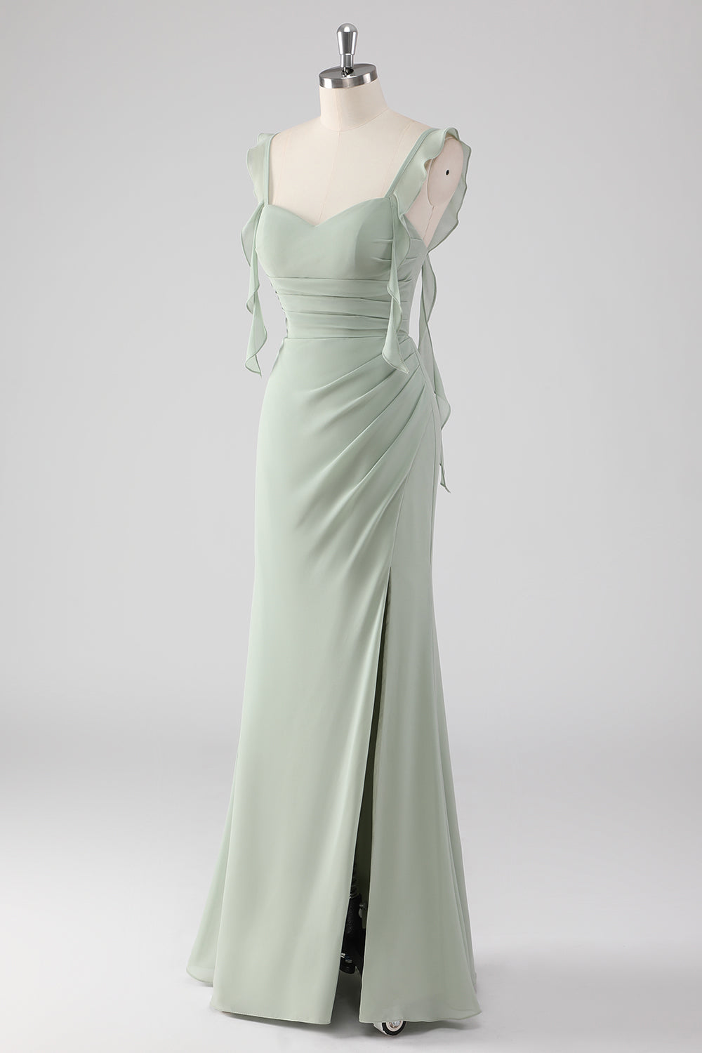 Sage Green Ruffled Sheath Long Bridesmaid Dress with Slit